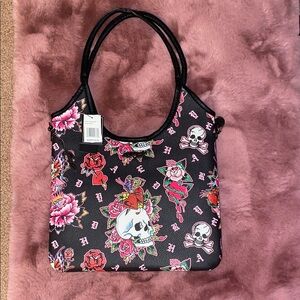 Floral Skull Print Black Tote Bag